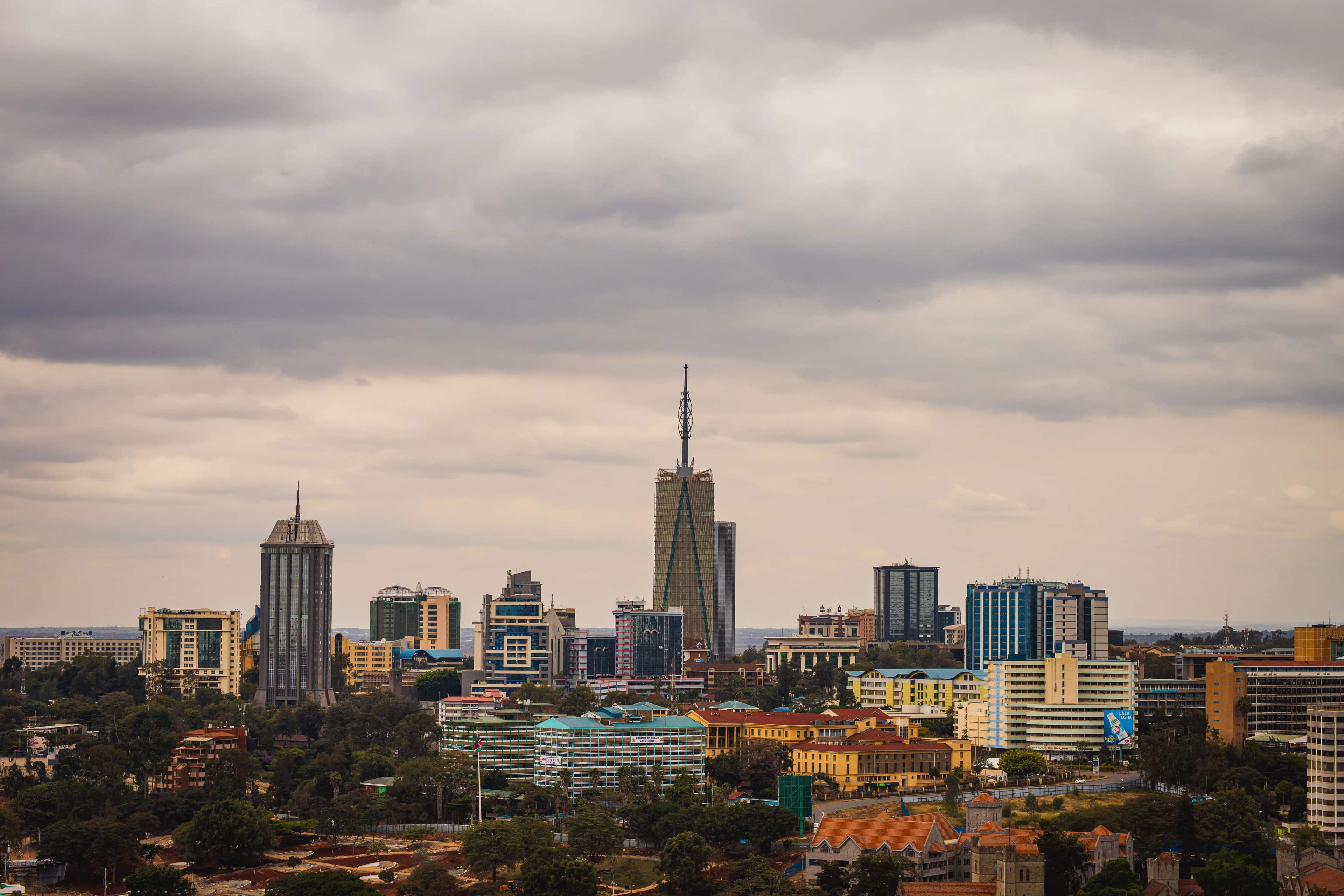 Residential towers in Nairobi, Kenya, seen through low cloud
